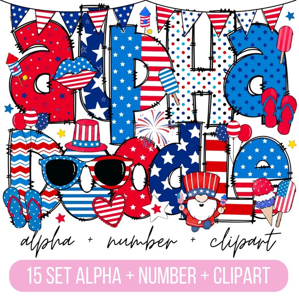 Patriotic Doodle Alphabet Bundle, 4th of July PNG Letters, Numbers & Accessories, Red White Blue Sublimation,Flag Alphabet,Alpha Set Designs