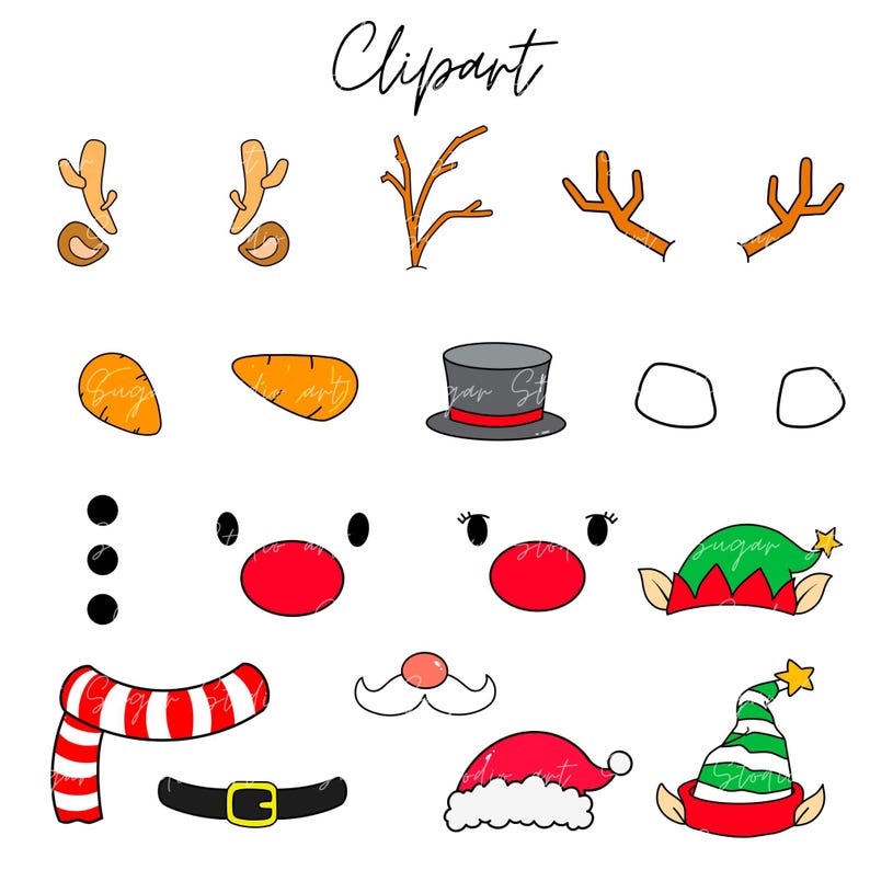 Peut inclure: Un ensemble d'images clipart sur le th&egrave;me de No&euml;l, comprenant des bois de renne, un bonhomme de neige, un chapeau de P&egrave;re No&euml;l, un chapeau d'elfe et un sapin de No&euml;l. Les images sont dessin&eacute;es dans un style simple et cartoon.