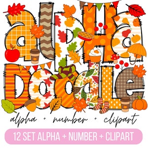 Pacote de alfabeto Doodle de outono outono, letras, números e acessórios PNG de outono, clipart de outono, fonte de outono, doodle de ação de graças png, abóbora