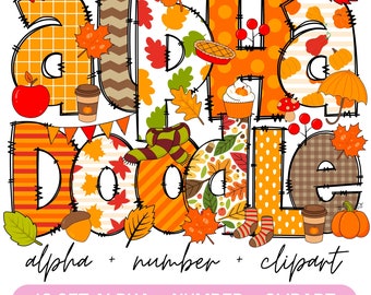 Può includere: Set di clipart alfabeto e numeri a tema autunnale con un design a patchwork. Le lettere e i numeri sono decorati con foglie autunnali, zucche, ghiande e altri elementi autunnali. Il testo "alpha + number + clipart" e "12 SET ALPHA + NUMBER + CLIPART" è incluso.
