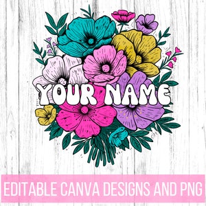 Retro Flower Name Name Holder, Hand Drawn Flowers Kids Name Sign, Pink Purple Girls, Floral 70s Style Editable Canva Template and Blank PNG