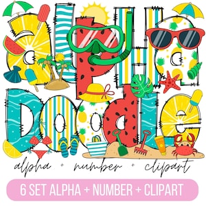 Letras del alfabeto de verano PNG, clipart de verano PNG, letras de doodle de playa, fuente de verano, doodle dibujado a mano, diseños de conjuntos alfa de sublimación