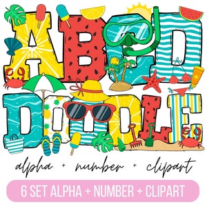 Paquete PNG de letras del alfabeto de verano, imágenes prediseñadas de verano png, letras de garabatos de playa, fuente de verano, garabatos dibujados a mano, diseños de conjuntos alfa de sublimación