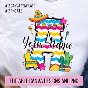 Cinco de mayo Doodle Letter PNG, Agregue su propio nombre, Plantilla CANVA, Diseño de nombre personalizado para camisa familiar y para niños, Fiesta Png