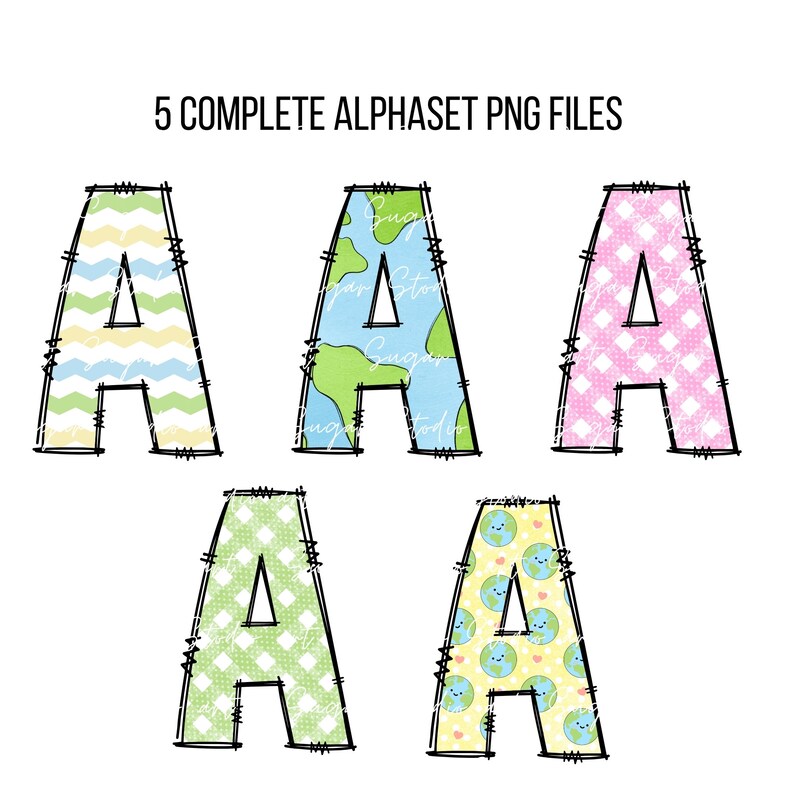 May include: Five digital scrapbook paper designs of the letter A in various patterns. The patterns include green and blue stripes, green and blue polka dots, green and yellow polka dots, pink and white polka dots, and a green and blue pattern with a globe design.