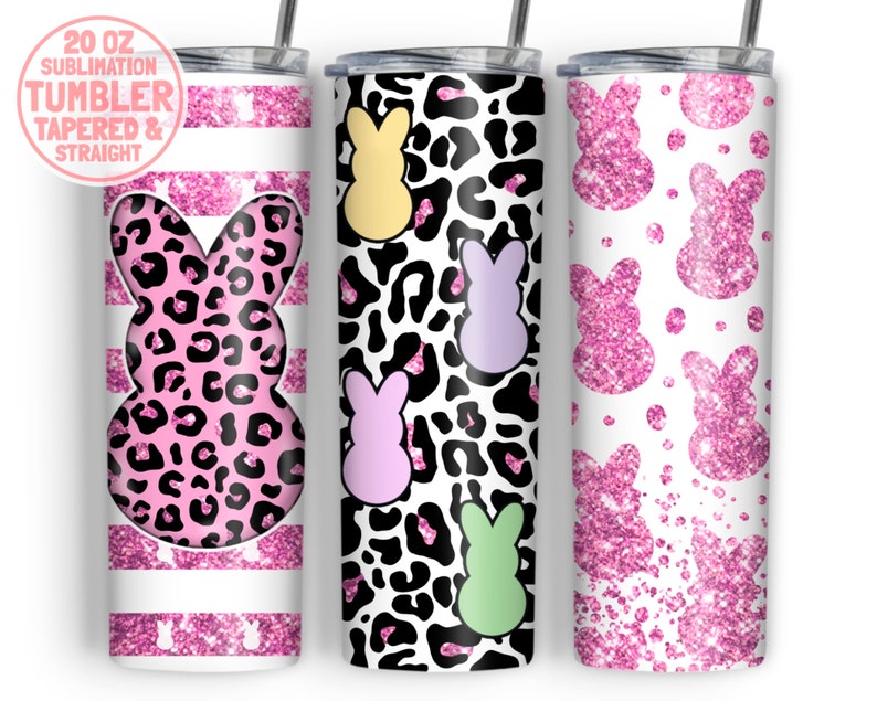 May include: Three 20 oz sublimation tumblers with different designs. The first tumbler has a pink and black leopard print with a pink bunny silhouette. The second tumbler has a white background with a pink and black leopard print and colorful bunny silhouettes. The third tumbler has a white background with pink glitter bunny silhouettes.