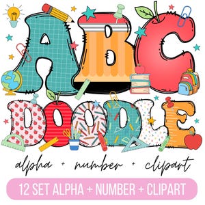 Retro Back to School Teacher Doodle Alphabet Bundle, Teacher PNG Letters, Numbers & Accessories, Back to school Clipart, School Font