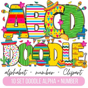 Pacote de alfabeto Fiesta Doodle, letras, números e acessórios Fiesta PNG, clipart de Cinco de Mayo, fonte mexicana, uso comercial de clipart Fiesta