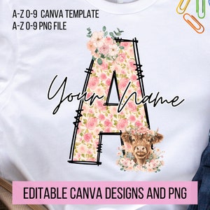 Highland Cow Lover Rústico Couro Doodle Letras Do Alfabeto Pacote PNG, Canva TEMPLATE, Faça seus próprios designs de conjunto alfa de sublimação personalizados PNG