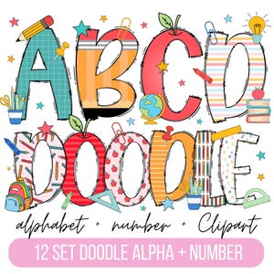 Retro Back to School Teacher Doodle Alphabet Bundle, Teacher PNG Letters, Numbers & Accessories, Back to school Clipart, School Font