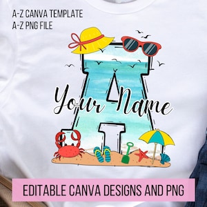Beach Doodle Letters PNG, agregue su propio nombre, plantilla CANVA, diseño de nombre personalizado para camisa familiar y para niños, diseño de sublimación de verano