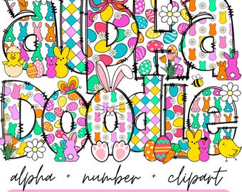 Easter Day Alphabet Letters PNG Bundle V3, Easter Clipart png, Bunny Doodle letters , Hand Drawn Doodle, Sublimation Alpha Set Designs PNG