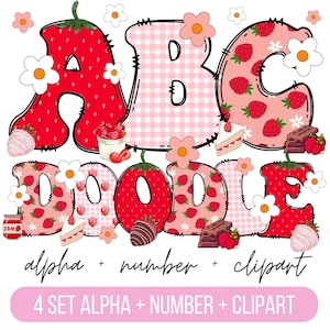 Pacchetto alfabeto doodle fragola, frutta estiva PNG lettere, numeri e accessori, clipart fragola, carattere fragola doodle png