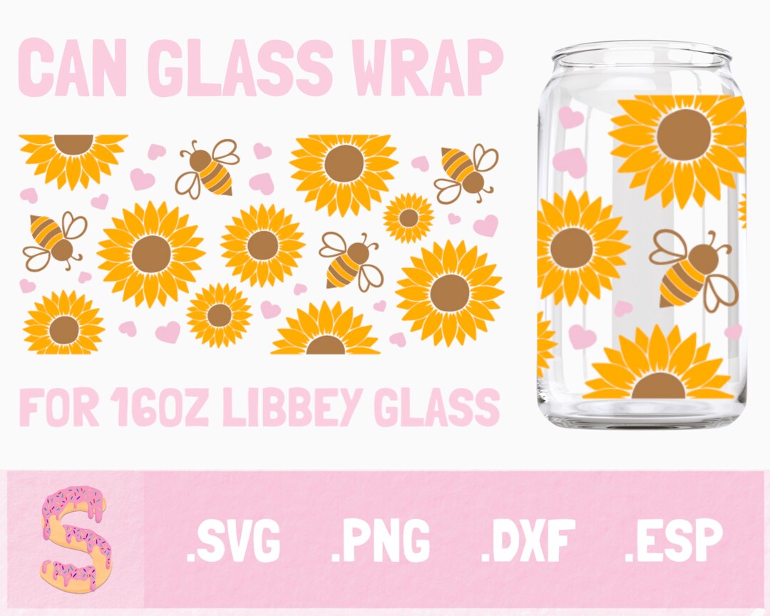 Sunflower and Bee Can Glass Wrap Svg, DIY for Libbey Can Shaped Beer ...