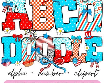 4. Juli Alphabet Set PNG, patriotisch, Doodle Letters mit der amerikanischen Flagge, Vorlage Alphabet, Doodle Letters, Retro American Flagge USA Coquette