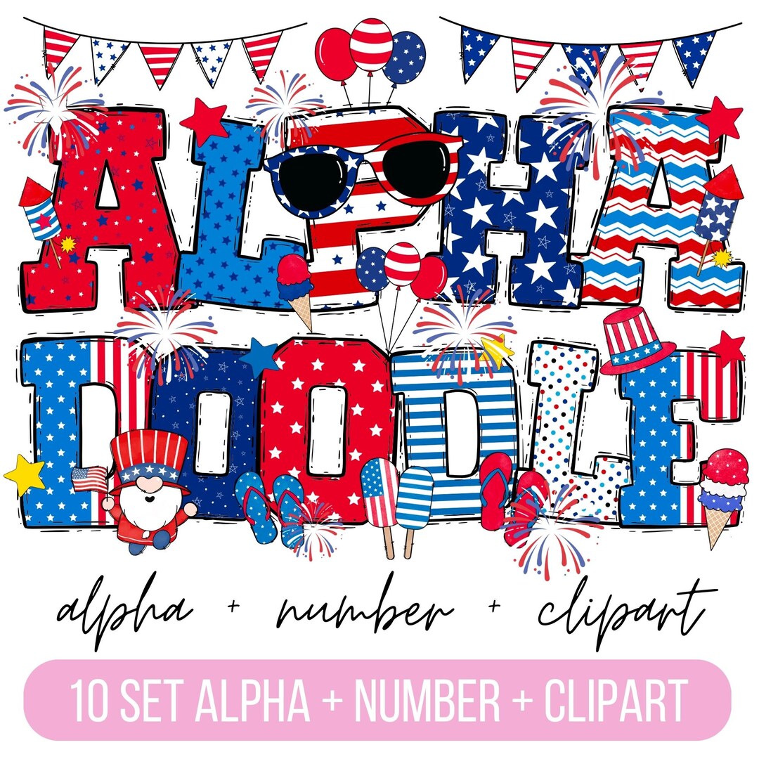 Patriotic Doodle Alphabet Bundle, 4th of July Clipart PNG, Numbers ...