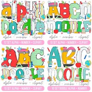 Pack4 Paquete de alfabeto de doodle de maestro de escuela, letras PNG de maestro, números y accesorios, imágenes prediseñadas de regreso a la escuela, fuente escolar, doodle de maestro
