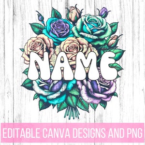 Retro Rose Name Name Holder, Hand Drawn Flowers Kids Name Sign, Pink Purple Girls, Floral 70s Style Editable Canva Template and Blank PNG