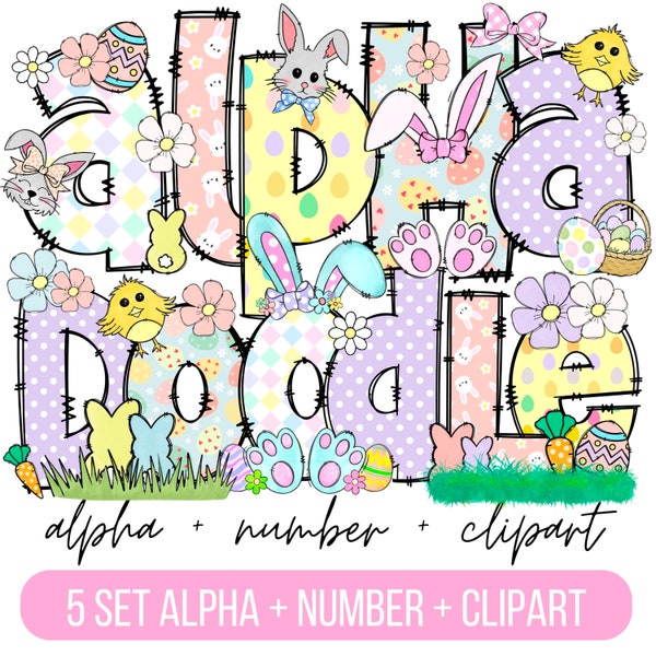 Easter Day Alphabet Letters PNG Bundle, Easter Clipart png, Bunny Doodle letters , Hand Drawn Doodle, Sublimation Alpha Set Designs PNG