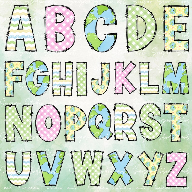 May include: A colorful alphabet with each letter decorated with a different pattern, including polka dots, stripes, and a world map design. The letters are outlined in black and have a stitched appearance.
