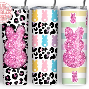 May include: Three 20 oz sublimation tumblers with different designs. The first tumbler has a pink glitter bunny on a white and black leopard print background. The second tumbler has a white background with pastel colored bunnies. The third tumbler has a white background with pastel colored stripes and a pink glitter bunny.