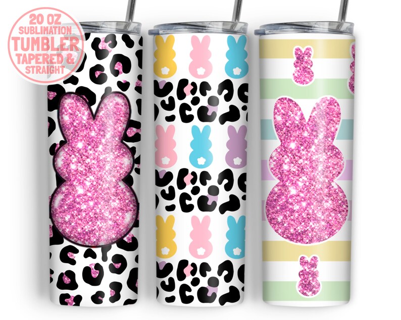 May include: Three 20 oz sublimation tumblers with different designs. The first tumbler has a pink glitter bunny on a white and black leopard print background. The second tumbler has a white background with pastel colored bunnies. The third tumbler has a white background with pastel colored stripes and a pink glitter bunny.