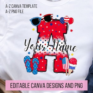 May include: A red letter A with white stars and red, white, and blue polka dots. The letter is decorated with sunglasses, flip flops, a popsicle, and balloons. The text "Your Name" is written in black cursive font.