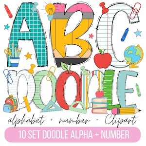 Paquete de alfabeto de doodle de maestro de escuela, letras PNG de maestro, números y accesorios, imágenes prediseñadas de regreso a la escuela, fuente de la escuela, doodle de maestro png