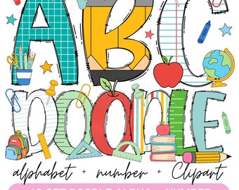School Teacher Doodle Alphabet Bundle, Teacher PNG Letters, Numbers & Accessories, Back to school Clipart, School Font, Teacher doodle png