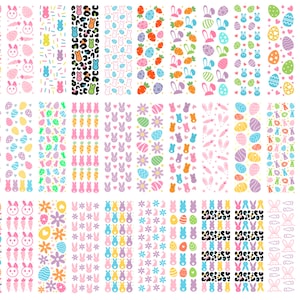 May include: A sheet of 20 different Easter themed patterned stickers. The patterns include bunnies, eggs, carrots, flowers, and sprinkles. The stickers are all in pastel colors.