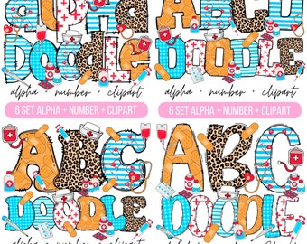 May include: A set of six alphabet letters and numbers in a doodle style with a medical theme. The letters and numbers are decorated with bandages, hearts, stethoscopes, and other medical supplies. The letters are in a bright blue, red, and yellow colour scheme. The text on the image reads "alpha + number + clipart 6 SET ALPHA + NUMBER + CLIPART".