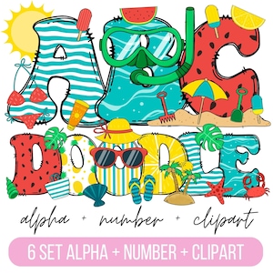 Paquete PNG de letras del alfabeto de verano, imágenes prediseñadas de verano png, letras de garabatos de playa, fuente de verano, garabatos dibujados a mano, diseños de conjuntos alfa de sublimación