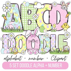 Pacote de letras do alfabeto do dia da Páscoa PNG #2, Páscoa Clipart png, letras de Doodle de coelho, Doodle desenhado à mão, Designs de conjunto alfa de sublimação PNG