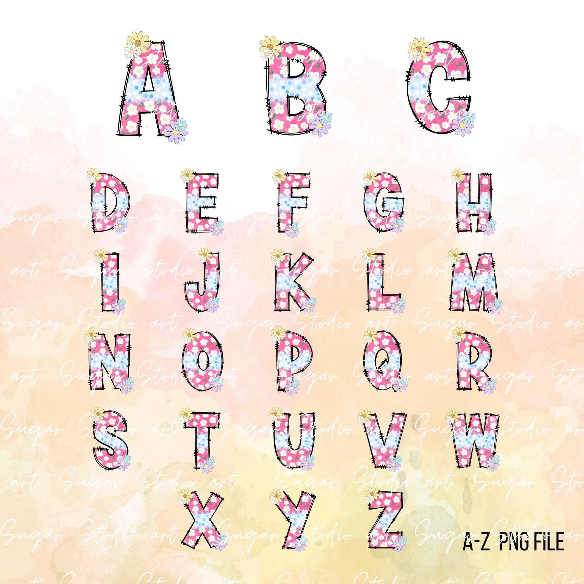 Spring Floral Doodle Alphabet Letters PNG Bundle, Canva TEMPLATE, Make ...