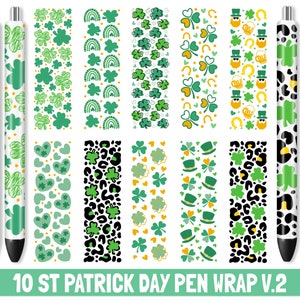 May include: Ten different designs of St. Patrick's Day pen wraps. The designs feature shamrocks, hearts, rainbows, hats, and leopard print.
