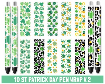May include: Ten different designs of St. Patrick's Day pen wraps. The designs feature shamrocks, hearts, rainbows, hats, and leopard print.