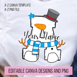 Carta de rabisco de boneco de neve de Natal PNG, adicione seu próprio nome, modelo CANVA, design de nome personalizado para camisa de família e crianças