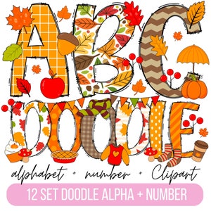 Pacote de alfabeto Doodle de outono outono, letras, números e acessórios PNG de outono, clipart de outono, fonte de outono, doodle de ação de graças png, abóbora