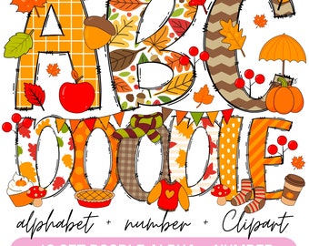 Può includere: Un set di 12 immagini clipart di alfabeto e numeri in doodle in colori autunnali. Le lettere A, B, C e la parola "doodle" sono mostrate nell'immagine. Le lettere e la parola sono decorate con foglie autunnali, ghiande, zucche, mele e altri elementi autunnali.