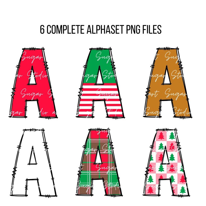 Peut inclure: Six designs diff&eacute;rents de la lettre A, chacun avec un motif diff&eacute;rent sur le th&egrave;me de No&euml;l. Les motifs comprennent des rayures rouges et blanches, du tartan vert et rouge, du vichy rouge et blanc et un motif d'arbre de No&euml;l vert et blanc.