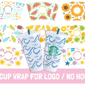 Paquete SVG de verano con agujero/sin agujero, Copa SVG de envoltura completa, regalo de verano de envoltura de copa, venti de fruta Copa fría svg, Copa fría 24 Oz Archivo de corte
