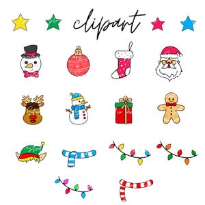 Peut inclure: Un ensemble de 14 images clipart de No&euml;l, comprenant un bonhomme de neige, le P&egrave;re No&euml;l, un renne, un bonhomme en pain d'&eacute;pices, une chaussette, une boule de No&euml;l, une bo&icirc;te cadeau, un lutin de No&euml;l, une &eacute;charpe bleu et blanc, et trois guirlandes lumineuses de No&euml;l diff&eacute;rentes.