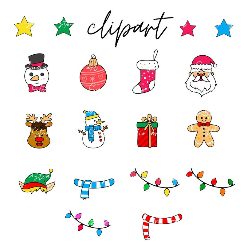 Peut inclure: Un ensemble de 14 images clipart de No&euml;l, comprenant un bonhomme de neige, le P&egrave;re No&euml;l, un renne, un bonhomme en pain d'&eacute;pices, une chaussette, une boule de No&euml;l, une bo&icirc;te cadeau, un lutin de No&euml;l, une &eacute;charpe bleu et blanc, et trois guirlandes lumineuses de No&euml;l diff&eacute;rentes.
