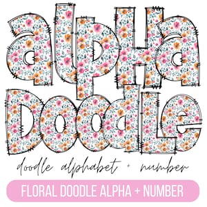 Pacote de letras de doodle de flores em aquarela, números alfa de doodle desenhados à mão e conjunto de doodle de alfabeto floral sublimação fonte alfa conjunto designs