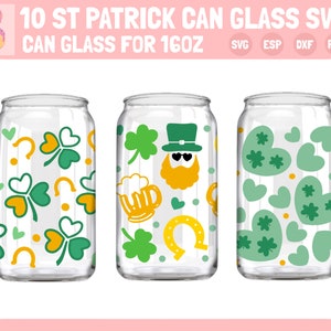 May include: Three 16 oz. can glass designs featuring St. Patrick's Day themed patterns. The designs include shamrocks, hearts, horseshoes, beer mugs, and a leprechaun.