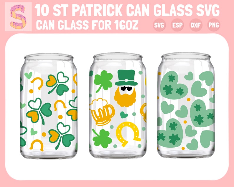 May include: Three 16 oz. can glass designs featuring St. Patrick's Day themed patterns. The designs include shamrocks, hearts, horseshoes, beer mugs, and a leprechaun.