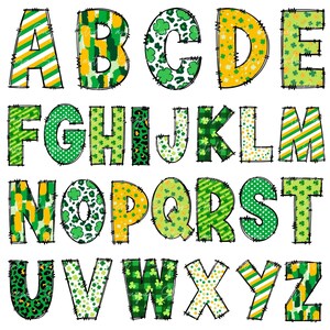 Puede incluir: Un alfabeto colorido con cada letra compuesta por diferentes telas estampadas en verde, amarillo y blanco. Las letras est&aacute;n delineadas en negro y tienen un aspecto cosido.