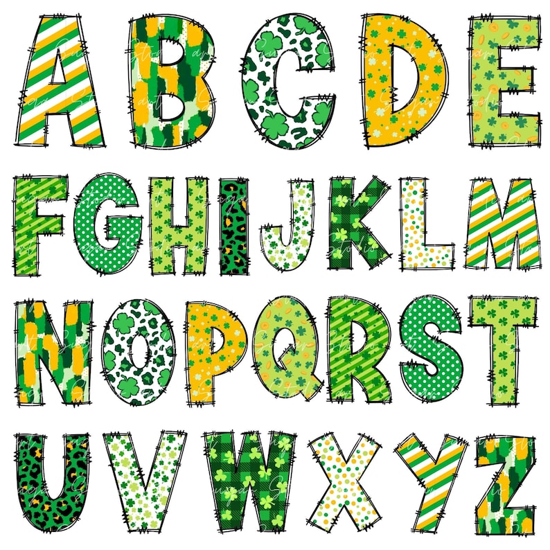 Puede incluir: Un alfabeto colorido con cada letra compuesta por diferentes telas estampadas en verde, amarillo y blanco. Las letras est&aacute;n delineadas en negro y tienen un aspecto cosido.