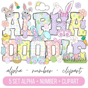 Pacote de letras do alfabeto do dia de Páscoa PNG, clipart de Páscoa png, letras de Doodle de coelho, Doodle desenhado à mão, conjuntos alfa de sublimação PNG