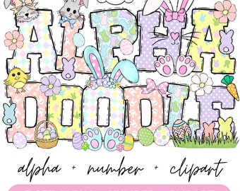 Easter Day Alphabet Letters PNG Bundle, Easter Clipart png, Bunny Doodle letters , Hand Drawn Doodle, Sublimation Alpha Set Designs PNG